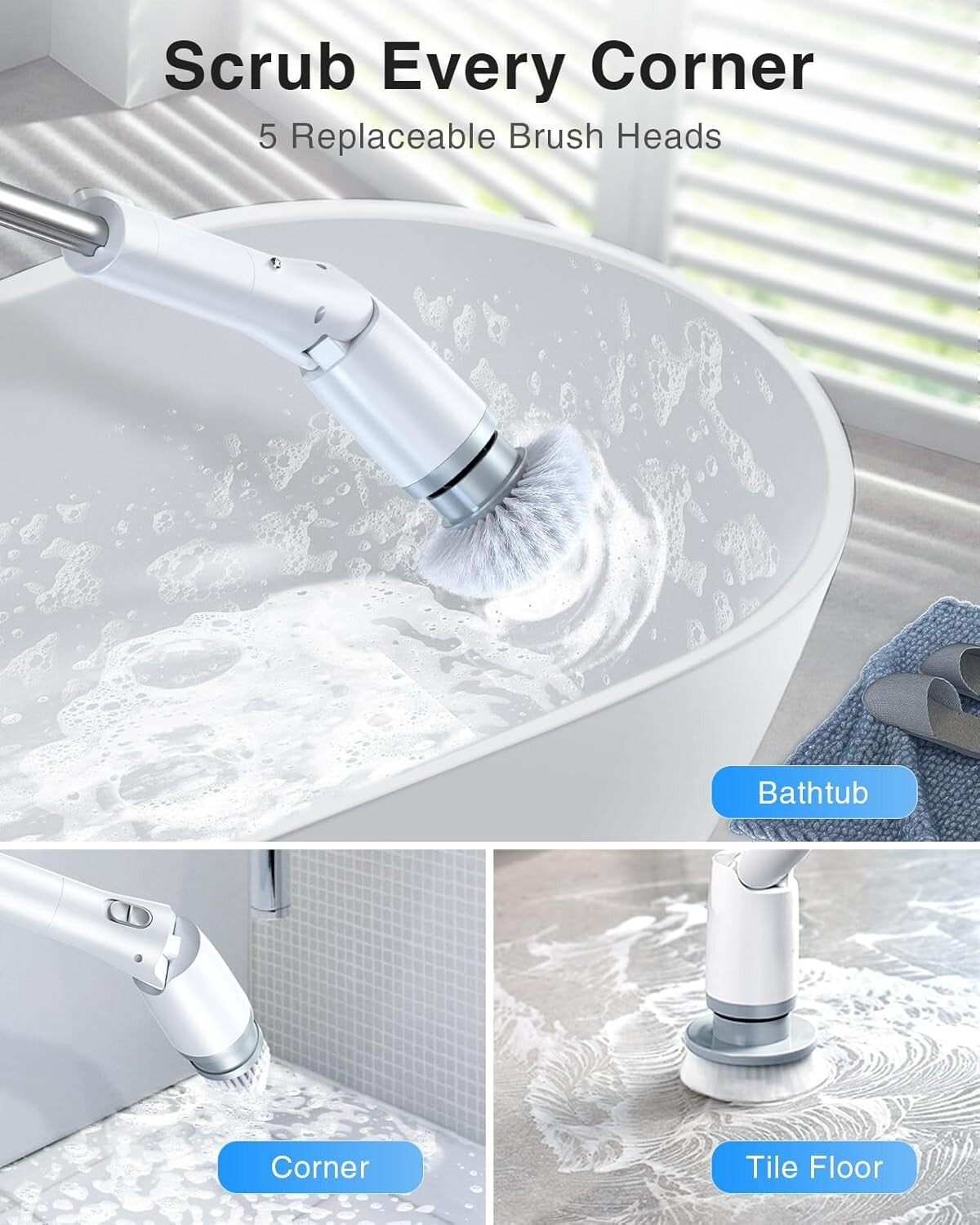 Powerful Cordless Spin Scrubber with 3 Lengths & 5 Brush Heads for Easy Cleaning