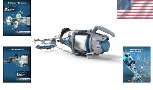 Portable Rechargeable Pool Vacuum - Dual Filtering, Cleans 200 sq.ft in 7 Mins