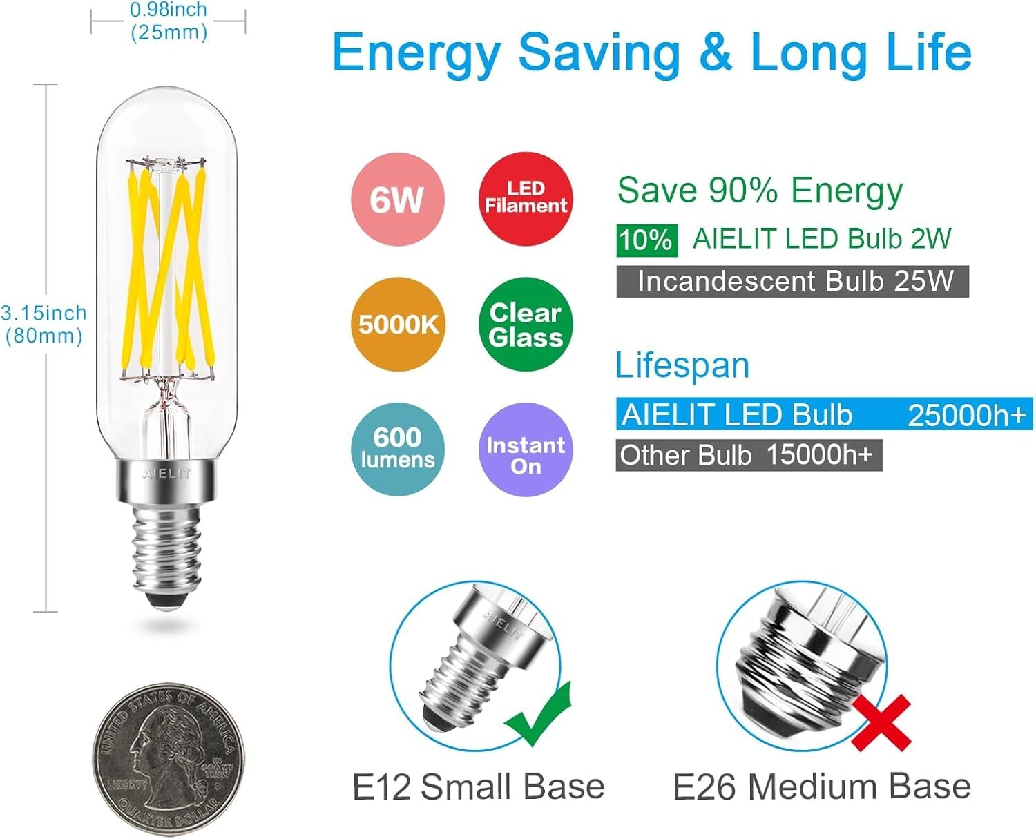 Eco-Friendly Dimmable Filament T8 LED Bulbs 5000K Bright White, 6W - 8 Pack