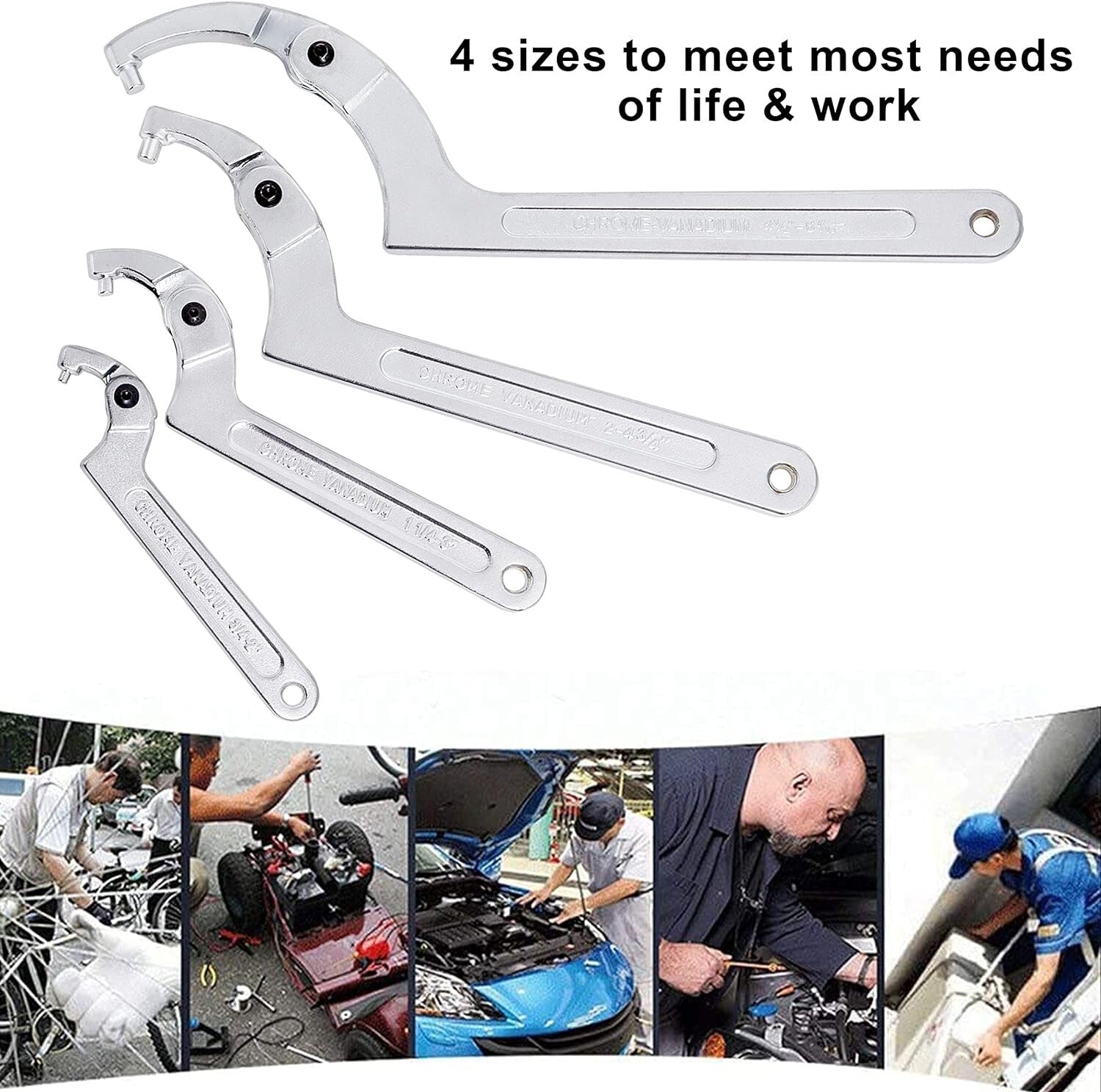 4-Piece Adjustable Hook Wrench Set in Chrome Vanadium for Vehicle Maintenance