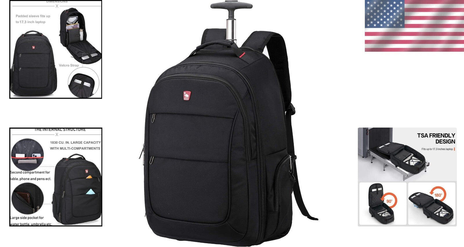 17.3-Inch Rolling Laptop Backpack with Wheels - Business Travel Convenience