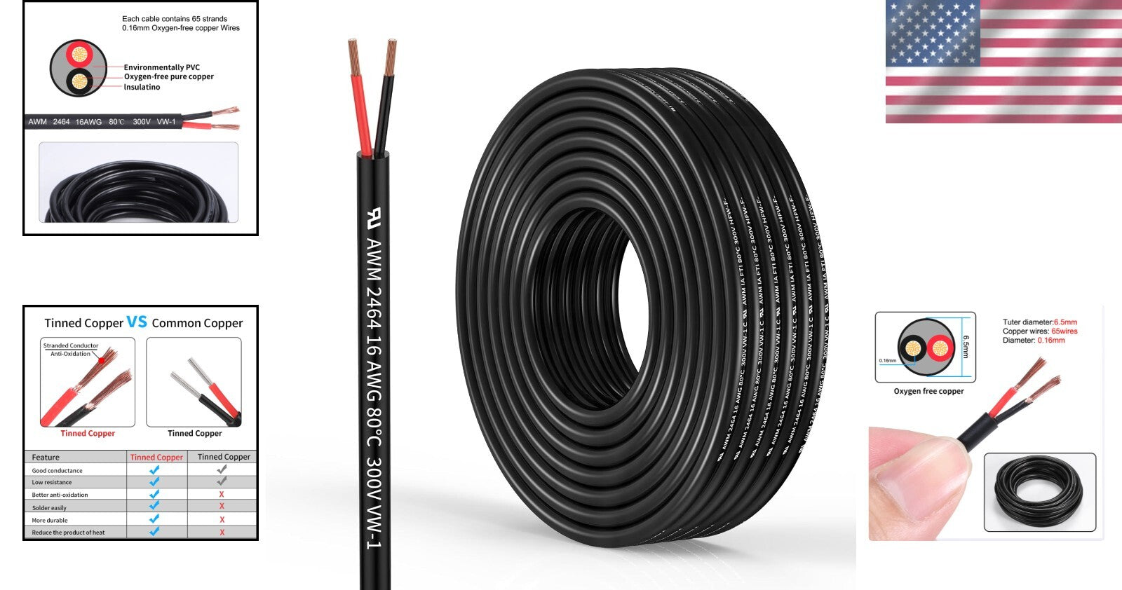 Flexible 16 Gauge 2C Electrical Wire - 100FT Low Voltage Stranded Copper