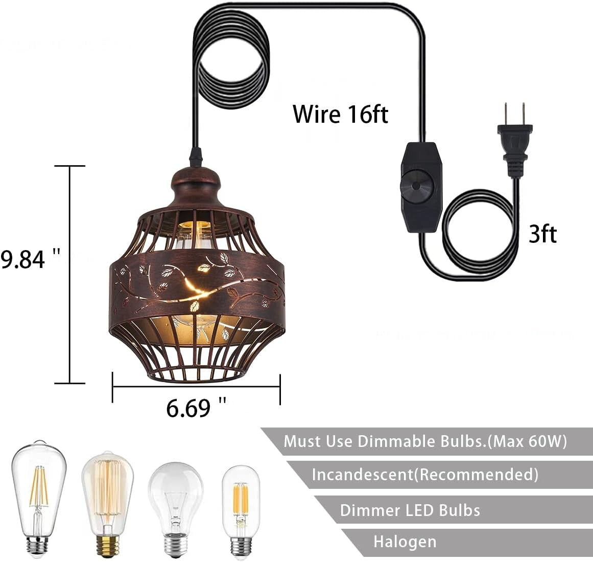 Dimmable Metal Hanging Pendant Light - 16Ft Cord for Living Room & Study Spaces