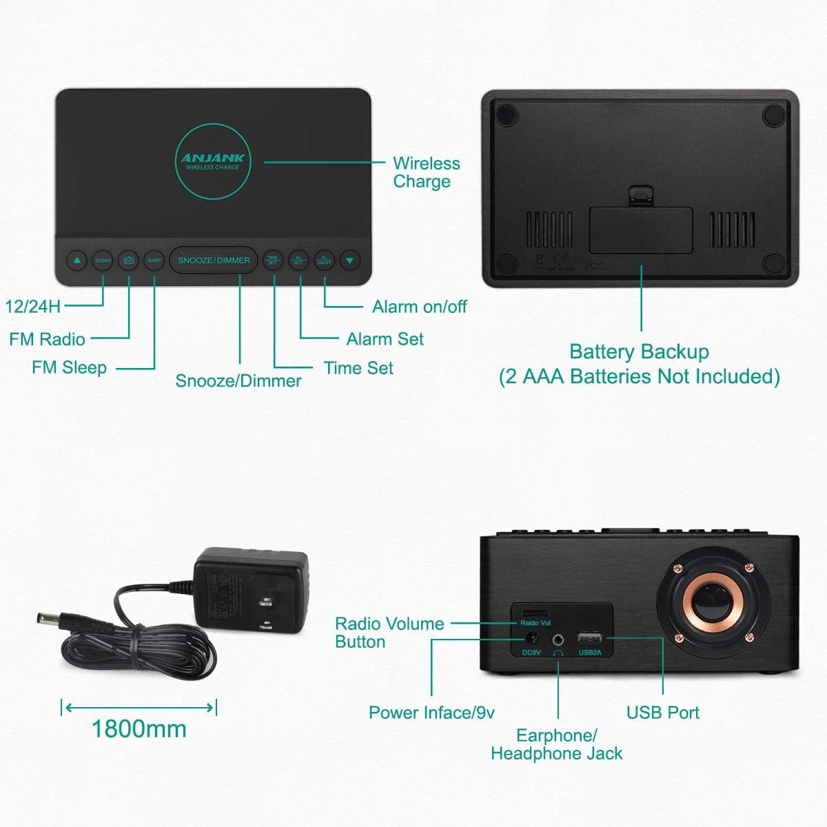 Chic Wooden Alarm Clock & Wireless Charging Dock with Adjustable Brightness