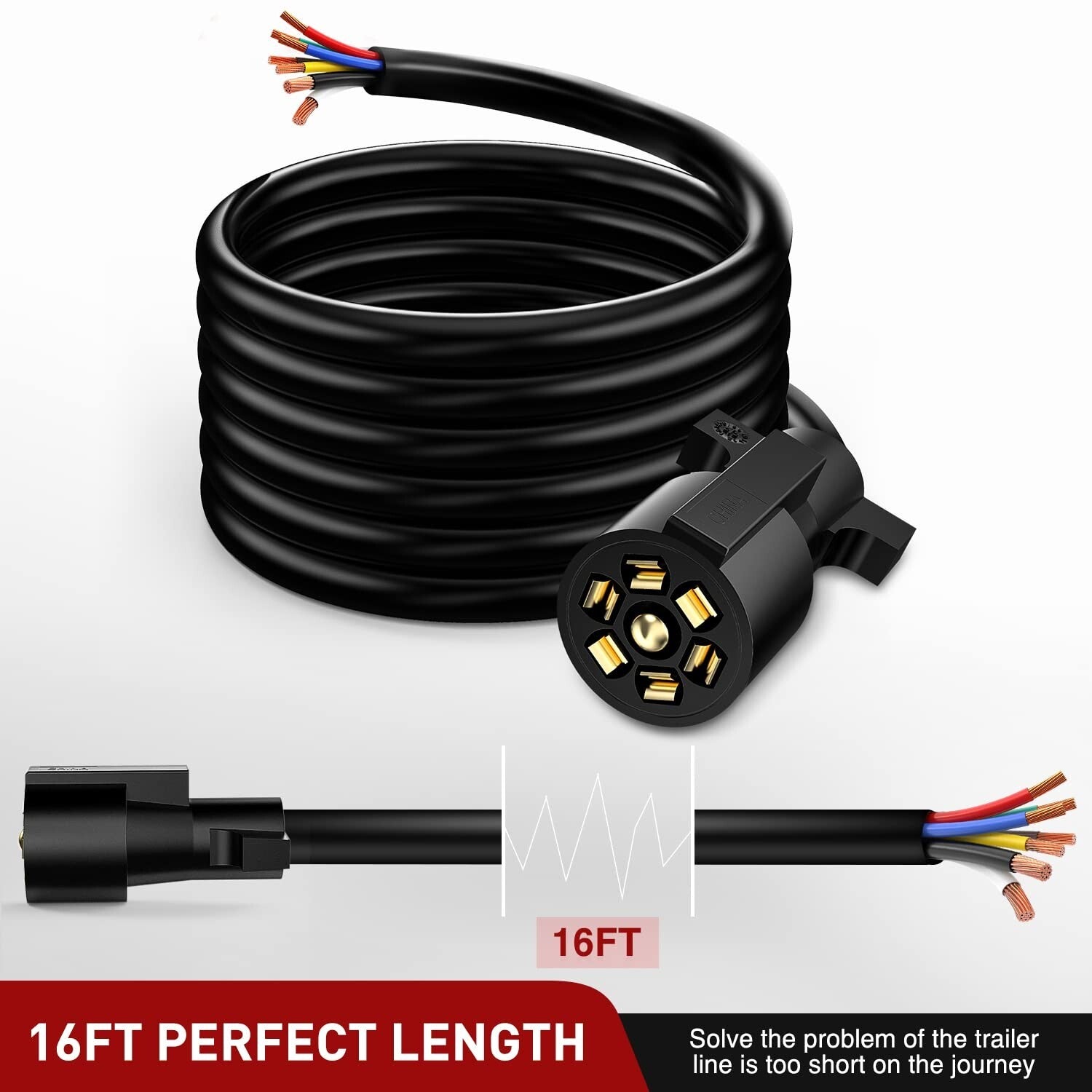 Corrosion Resistant 16ft Trailer Cord with 7-Way Plug for Safe Towing Adventures