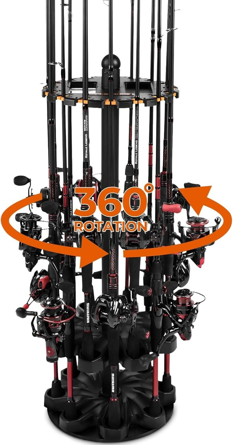 V16 Fishing Rod Rack with Rotating Base: Holds 16 Poles, Space-Saving Solution