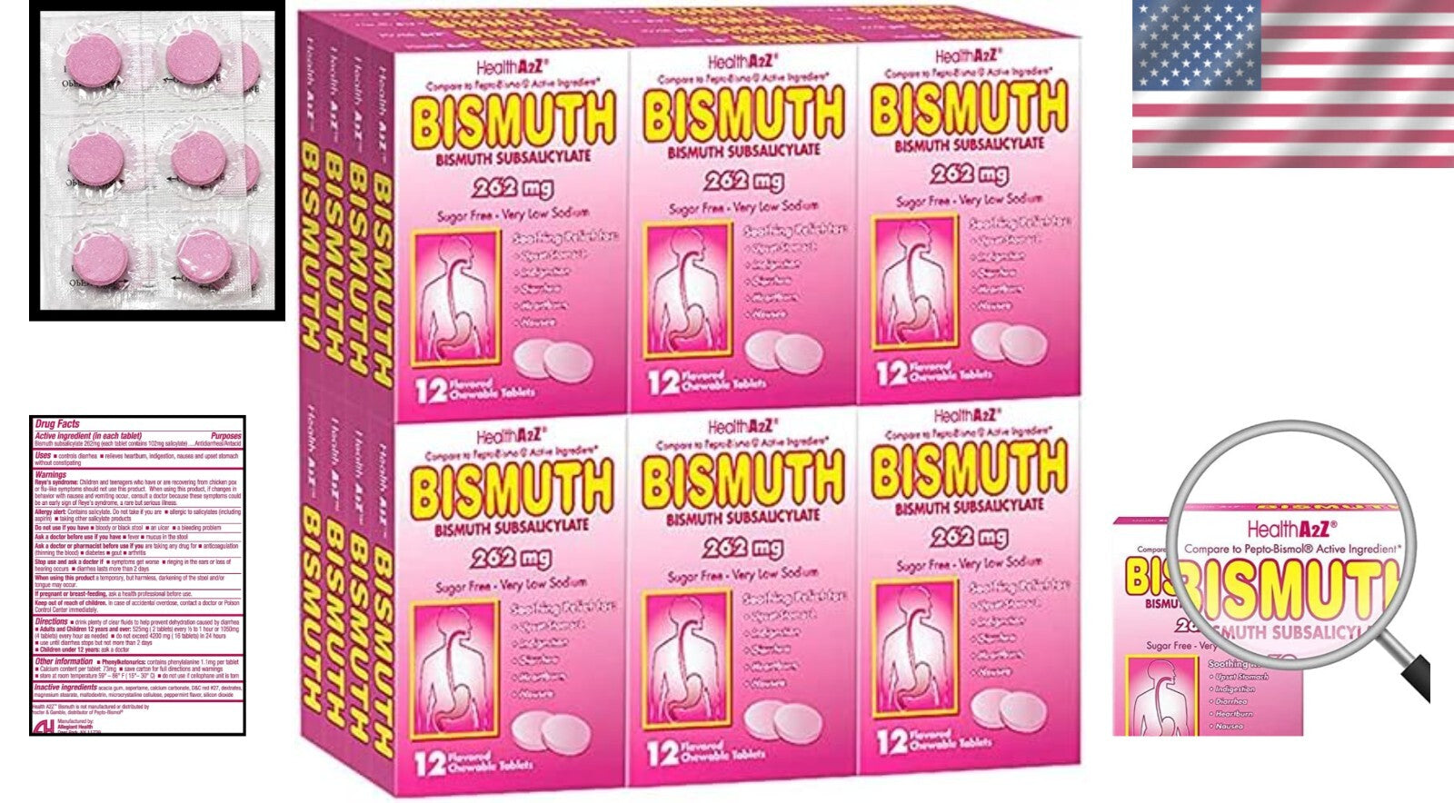 Bismuth Subsalicylate 262mg Chewable Tablets - 24 Pack for Fast Digestive Relief