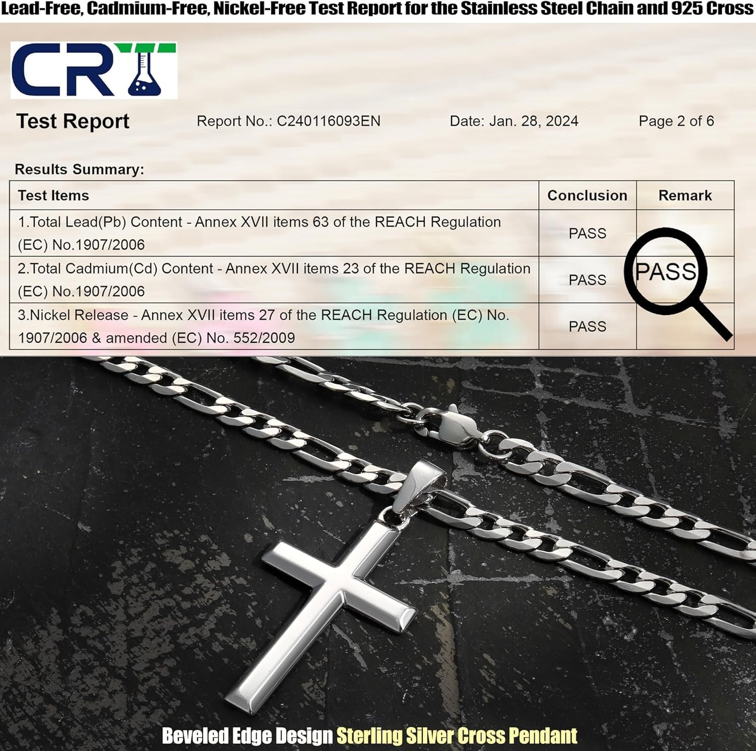 925 Sterling Silver Cross Necklace with Durable Figaro Chain - Gift Box Included