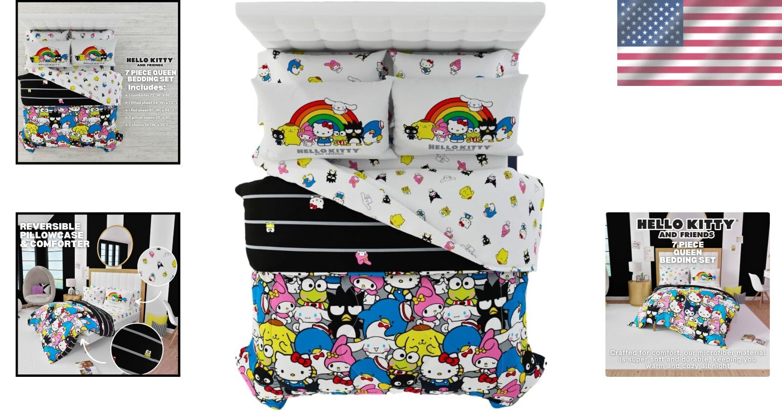 Charming Hello Kitty & Friends 7-Piece Queen Bedding - Vibrant Cartoon Design
