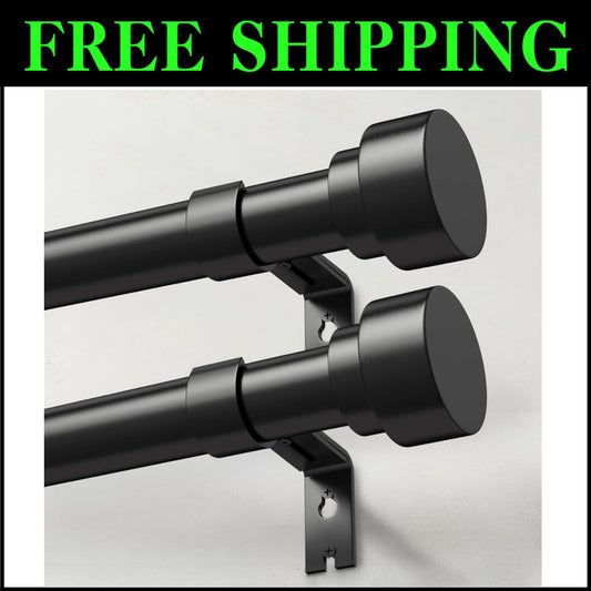 Adjustable Non-Bending Black Curtain Rod Set 2 Pack for Windows 48-84 Inches