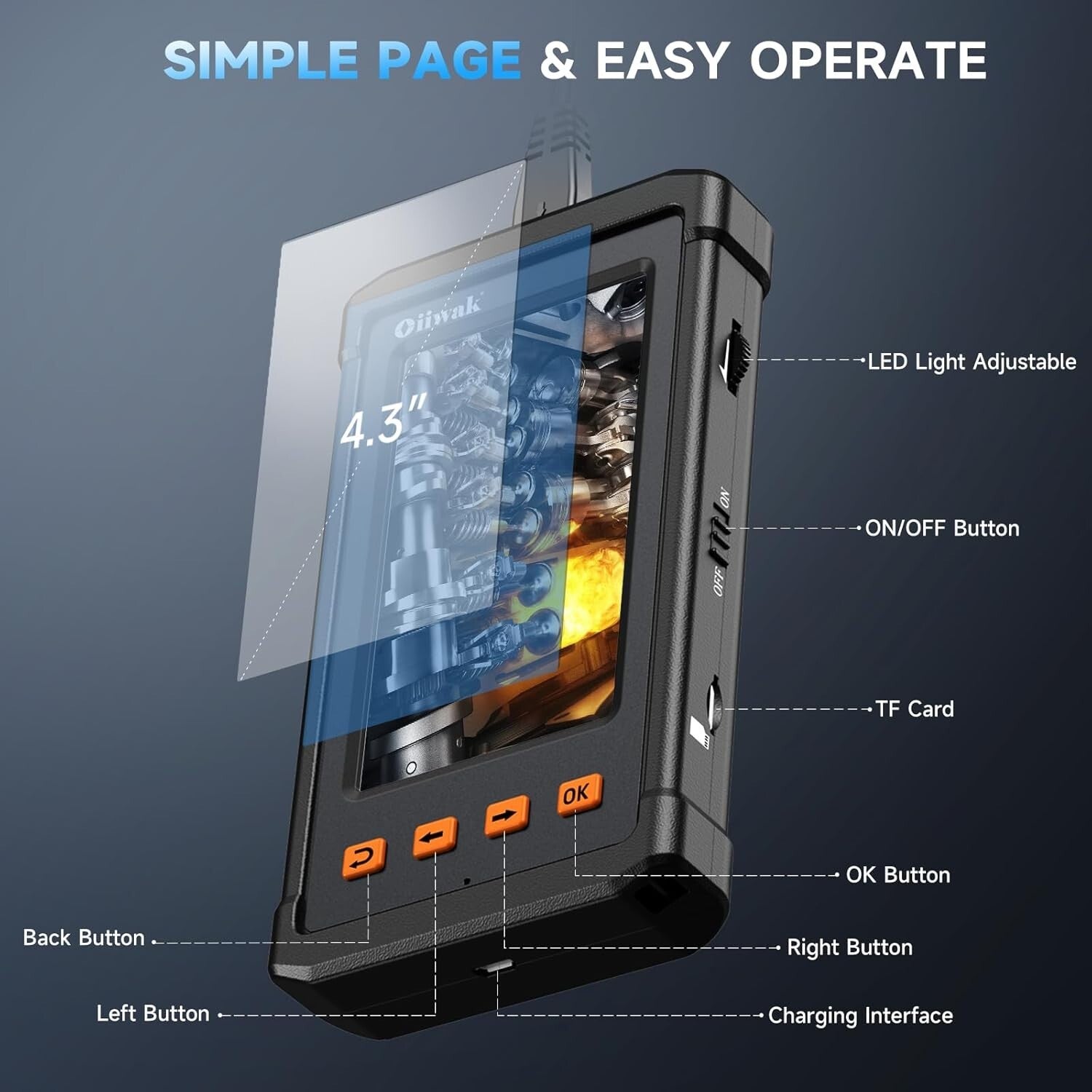 Waterproof Snake Borescope Camera - 4.3" IPS Screen for Pipe & Sewer Inspection