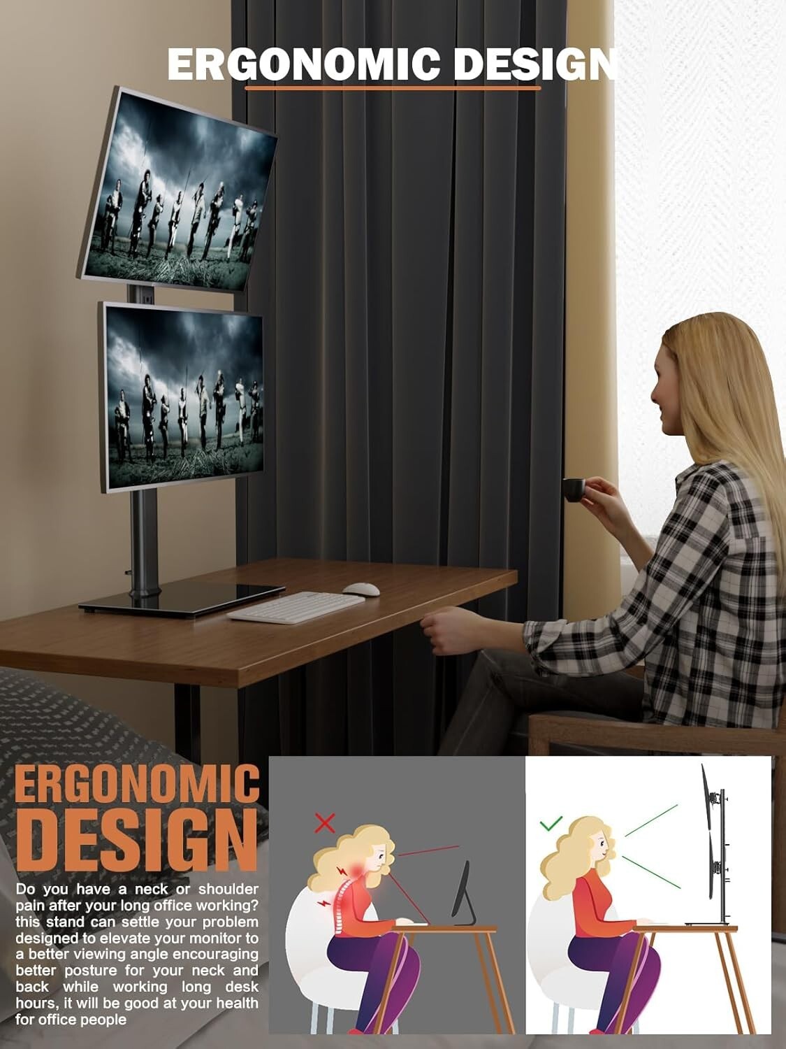 Ergonomic Dual Monitor Stand - Adjustable Height Riser for 13" to 34" Screens