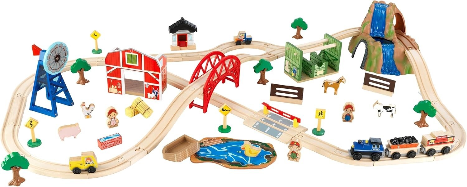 Detailed 75-Piece Children’s Wooden Train Set - Farm-Themed Play Adventure