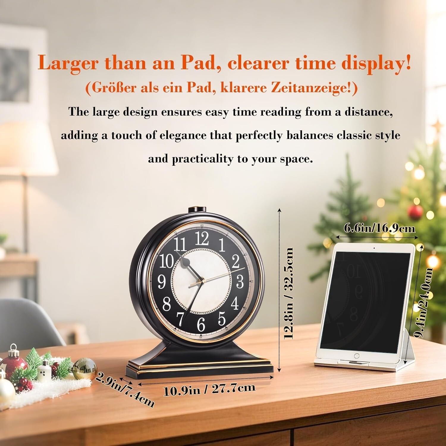 Classic Black and Gold 10-Inch Silent Desk Clock - Ideal Living Room Accent