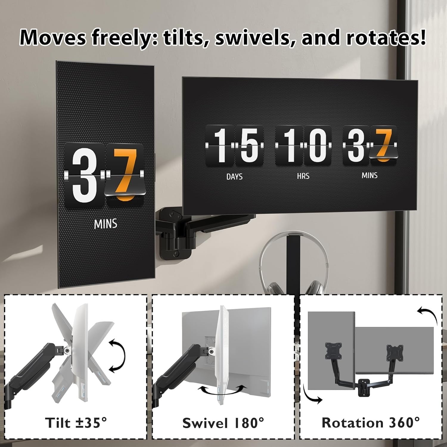 Easy-Install Wall Mount for Dual Monitors - Height Adjustable and Tilt Features