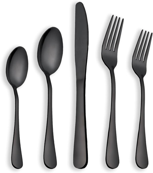 High-Quality 40-Piece Shiny Black Stainless Steel Cutlery Set - Elegant Dining