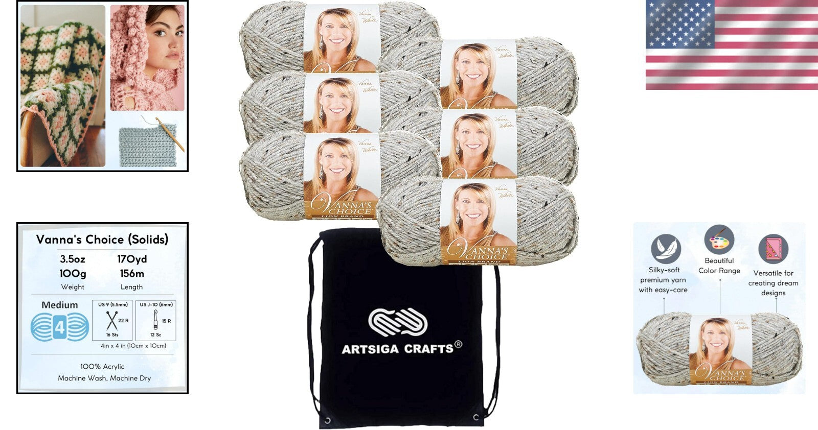 6 Skeins Vanna's Choice Grey Marble Yarn with Matching Project Bag for Crafters