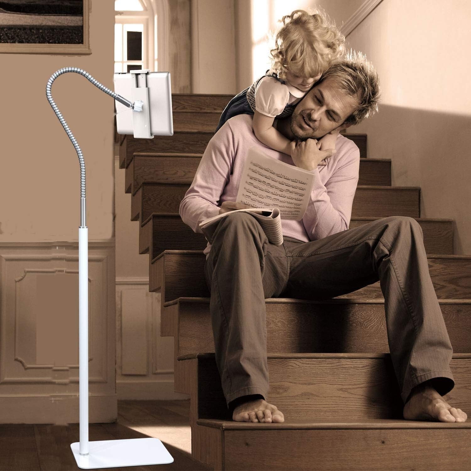 Elegant Adjustable Tablet Floor Stand with Flexible Gooseneck for 3.5"-10.6"