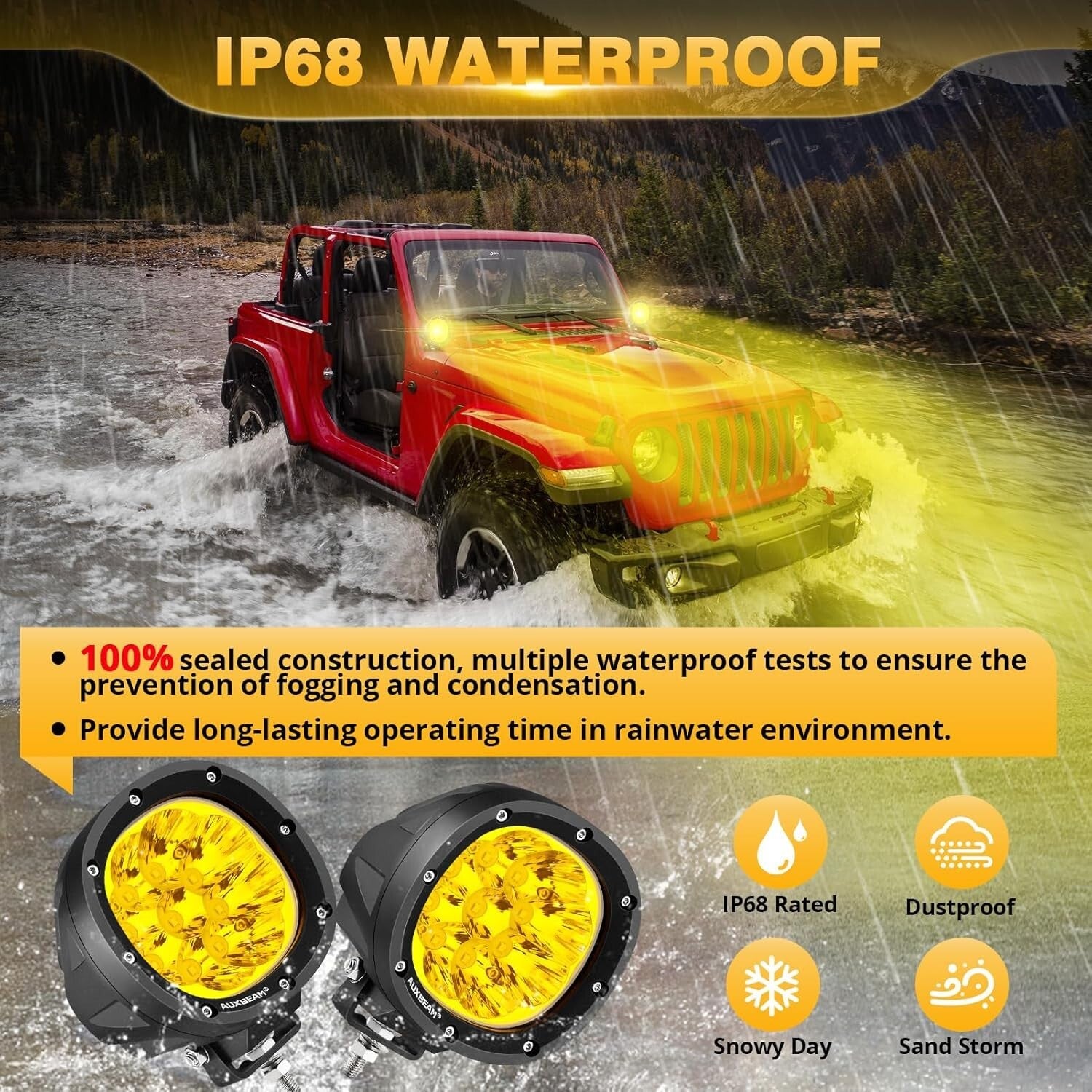 IP68 Waterproof LED Amber Fog Lights - 90W Spotlights for Off-road Adventures