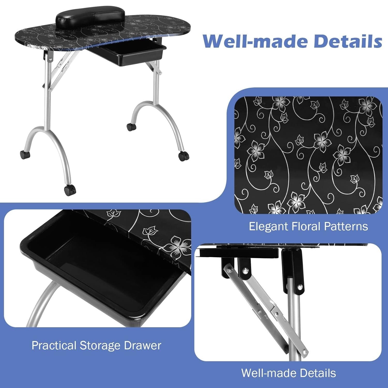 Foldable Portable Manicure Table with Large Drawer & Lockable Casters, Black