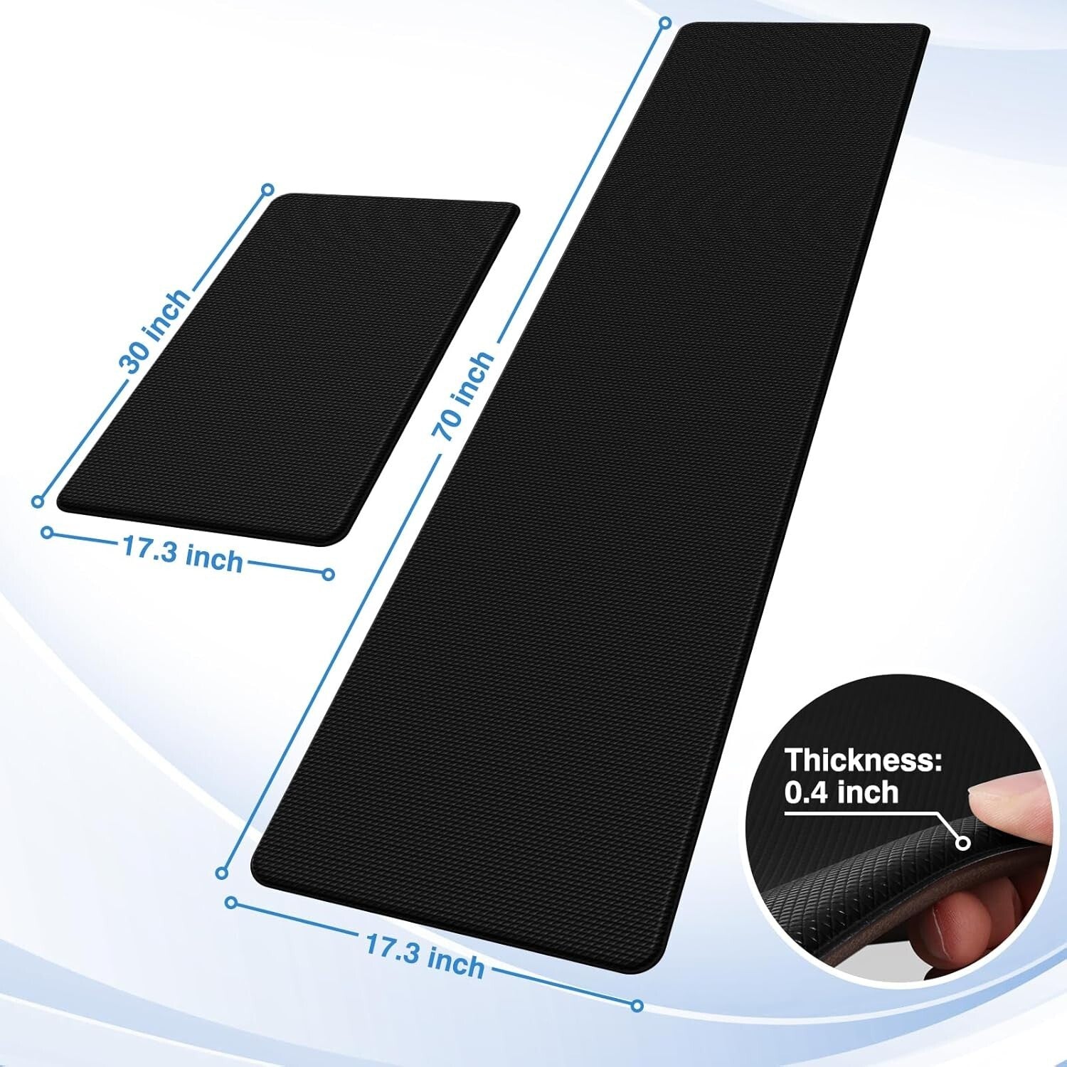 Black Non-Slip Anti-Fatigue Kitchen Mats Set - 17.3"x30" & 17.3"x70" for Comfort