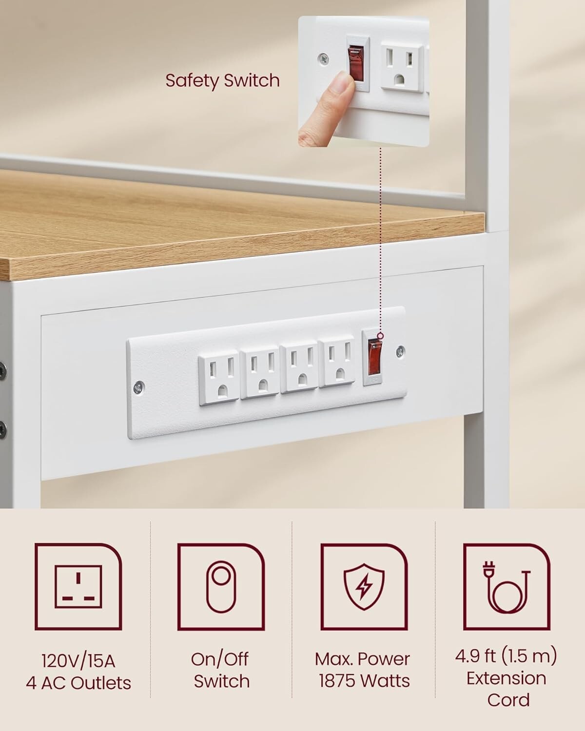 Space-Saving Kitchen Storage Rack with 4 Power Outlets & Adjustable Design