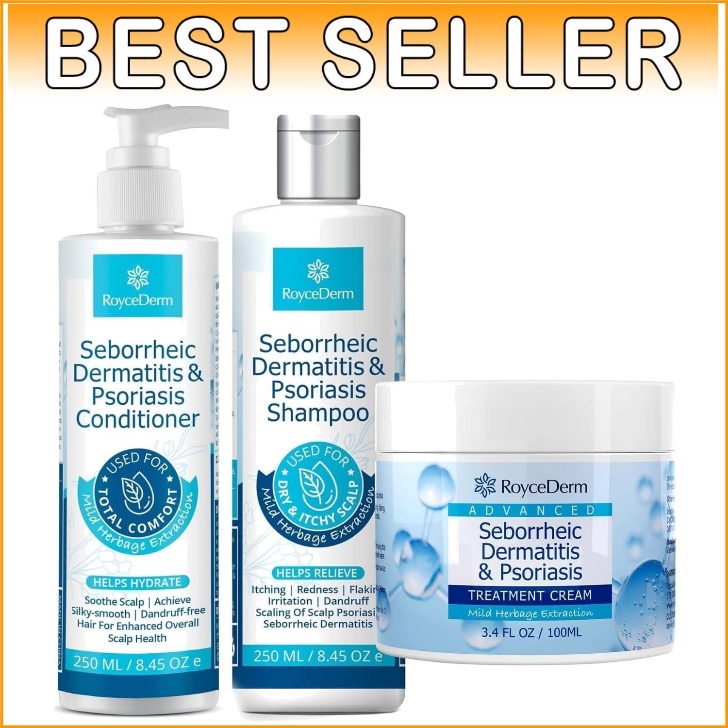 Seborrheic Dermatitis Relief Set - Cream, Shampoo & Conditioner for Scalp Care