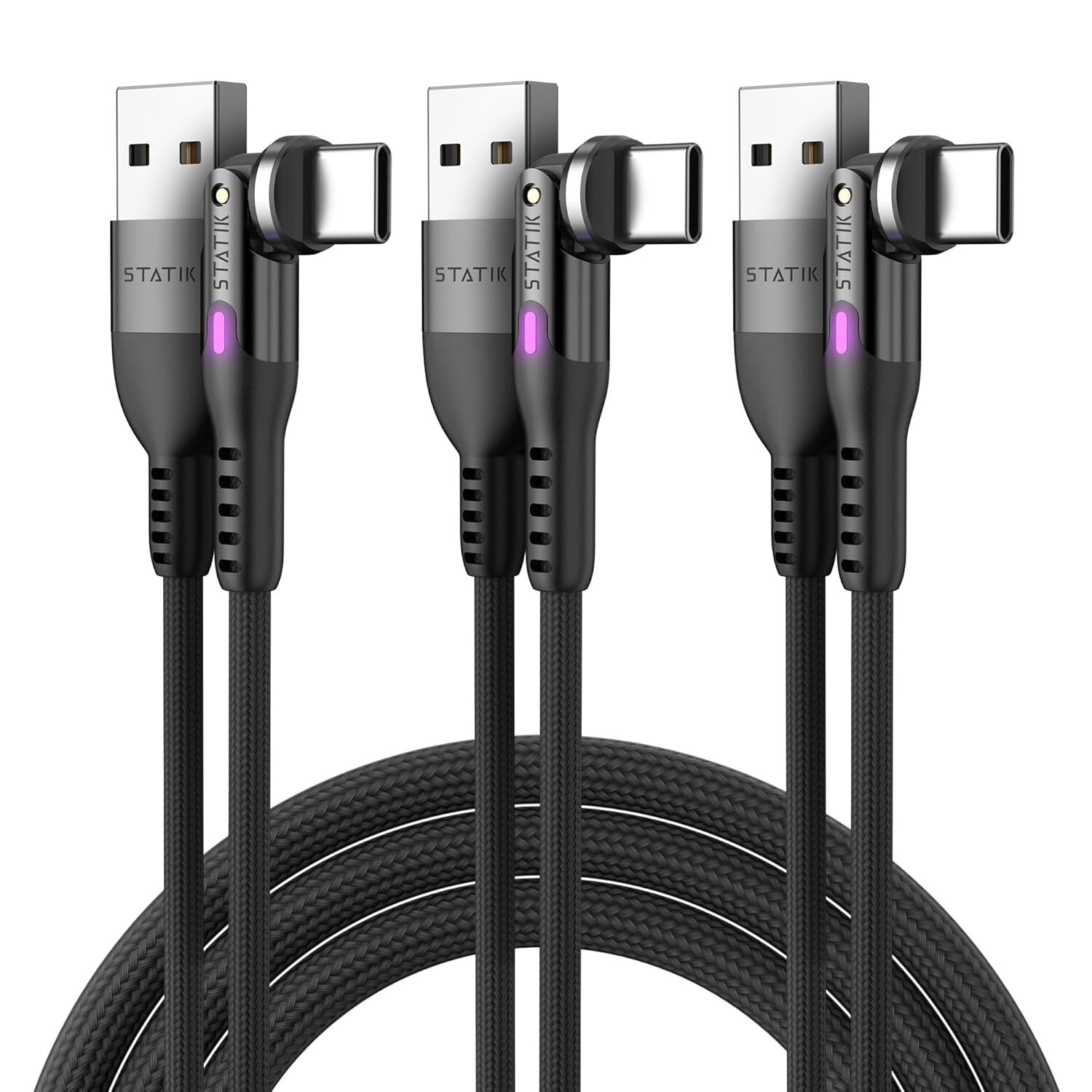 Durable Nylon Braided USB-C Charger 90° Right Angle with LED Indicator, 3-Pack