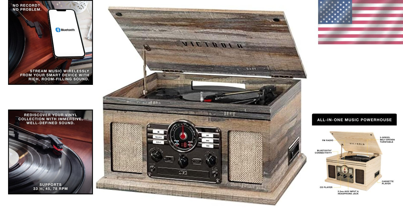 Nostalgic 6-in-1 Bluetooth Record Player with Built-In Speakers – Farmhouse Grey