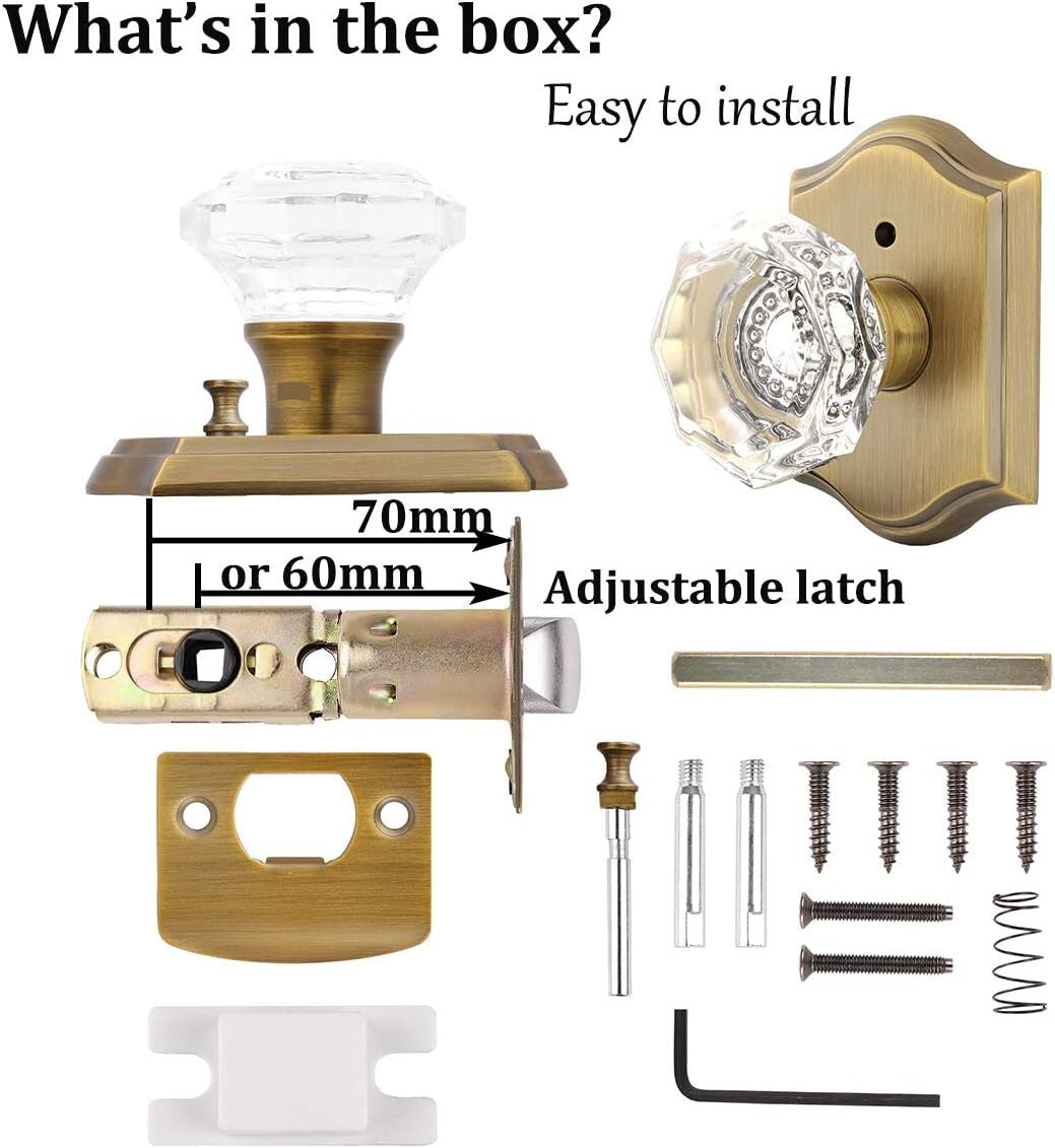 2-Pack Crystal Privacy Door Lock Sets - Antique Brass Knob with Push Button Lock