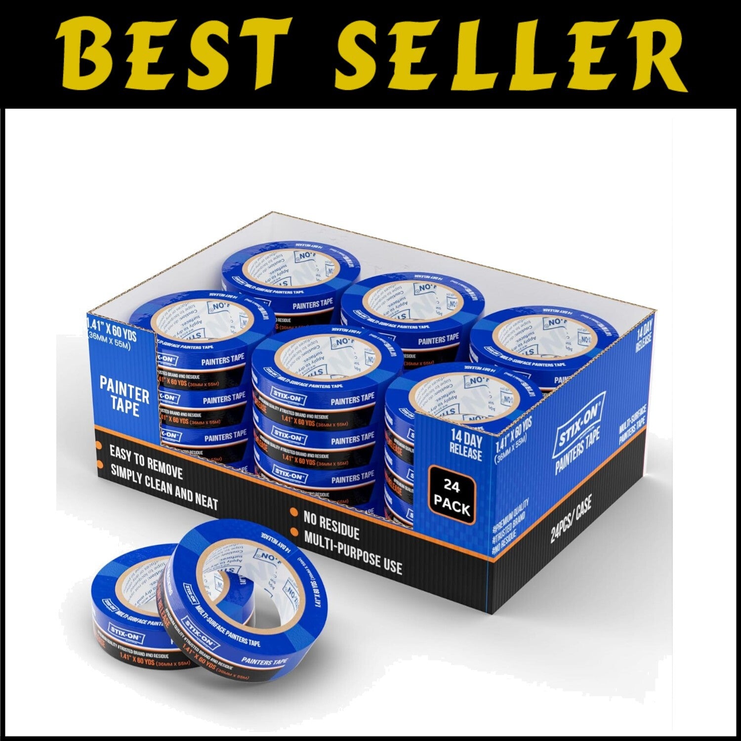 1.5 Inch Blue Painters Tape - 24 Rolls, Residue-Free for Perfect Paint Lines