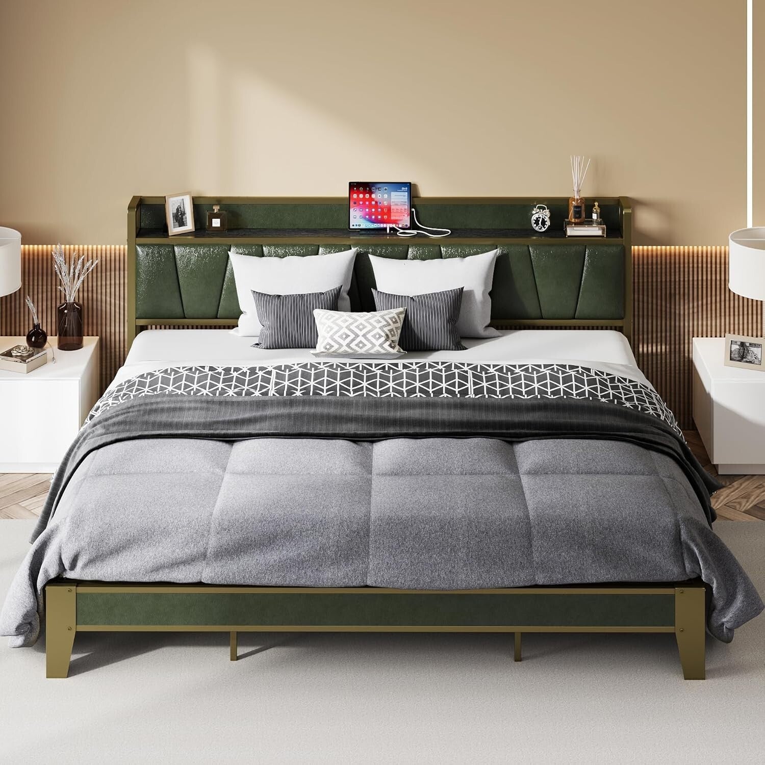 Elegant Dark Green California King Platform Bed with Convenient Charging Station