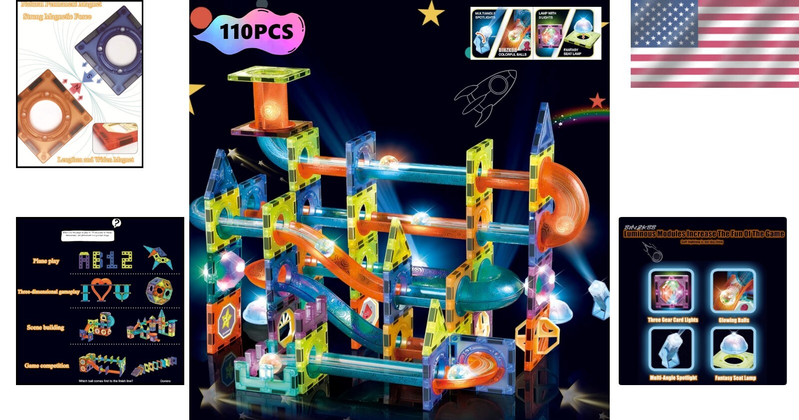 Fun 110 PCS Magnetic Marble Run Set - STEM Building Blocks for 3–10 Year Olds