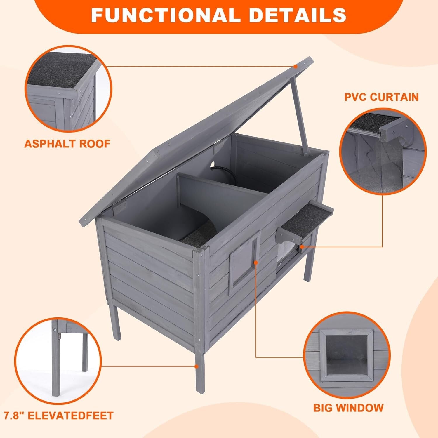 Heated Cat House - Cozy Shelter for Indoor & Outdoor Cats in Grey, Large