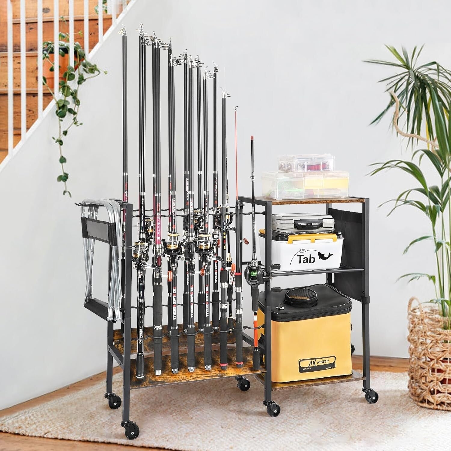 Professional Fishing Gear Storage on Wheels - 16 Rod Holder with Rubber Support