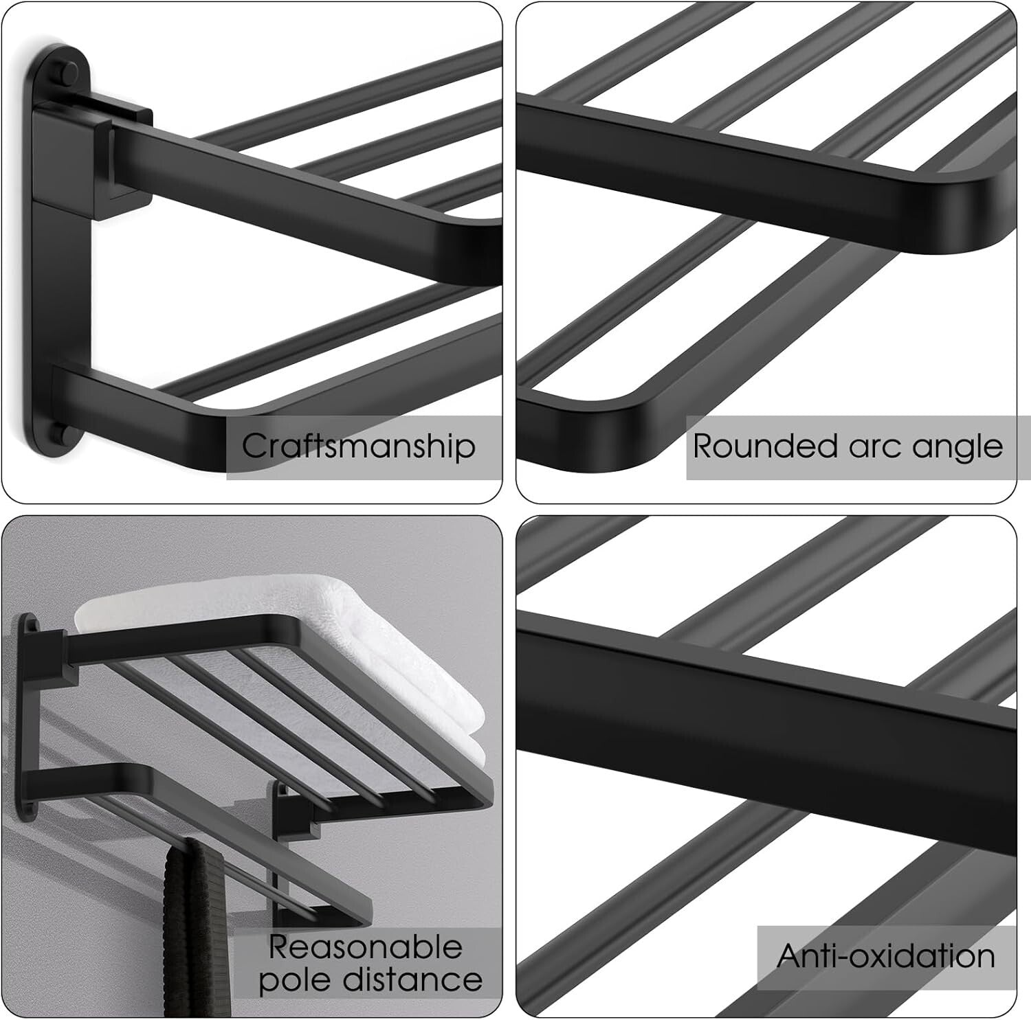 Elegant 16-Inch Matte Black Towel Rack with Folding Feature for Modern Bathrooms