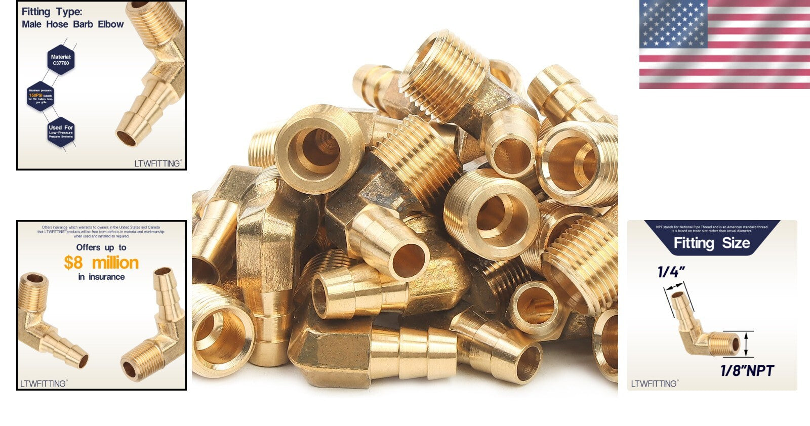 Bulk 90-Degree Elbow Brass Barb Fitting - 1/4 ID Hose x 1/8 Male NPT (400 Pack)