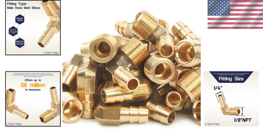 Bulk 90-Degree Elbow Brass Barb Fitting - 1/4 ID Hose x 1/8 Male NPT (400 Pack)