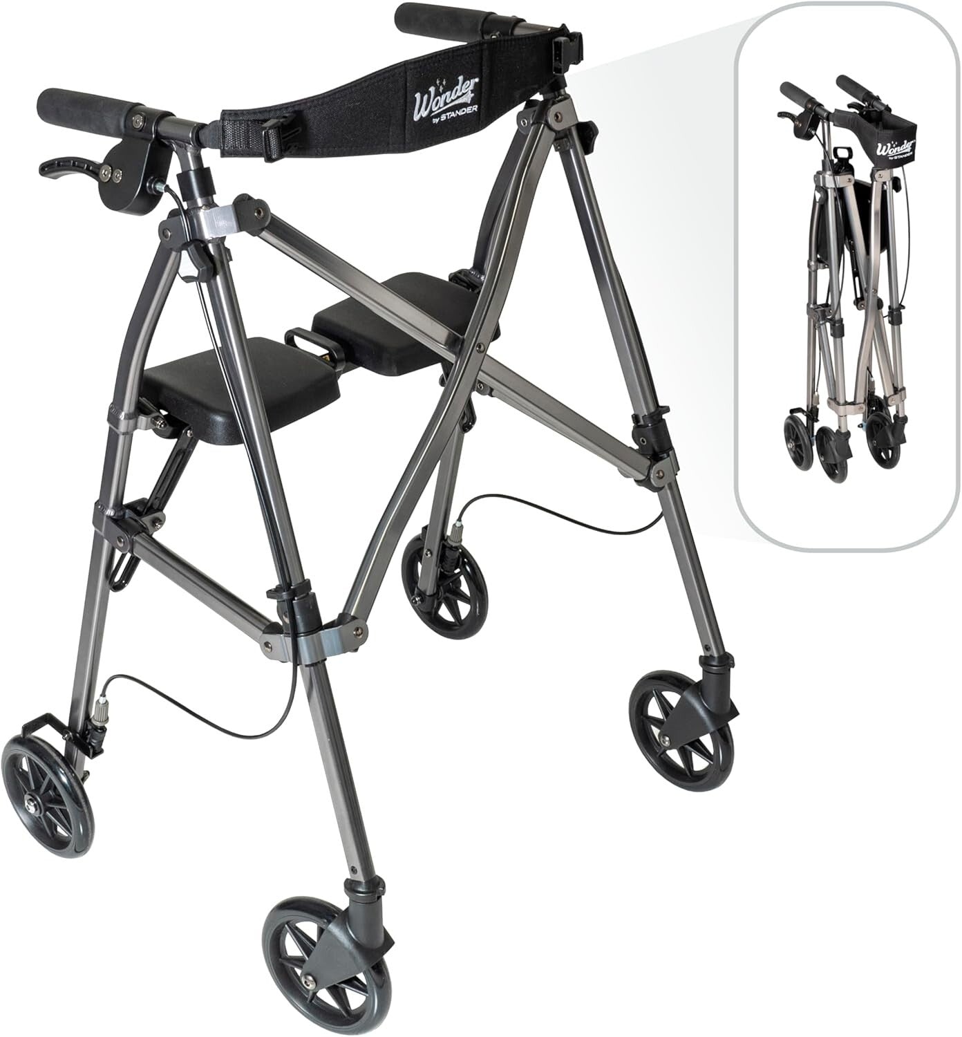 EZ Fold-N-Go Rollator: 14.5 lbs Folding Walker with Locking Brakes, Black Walnut