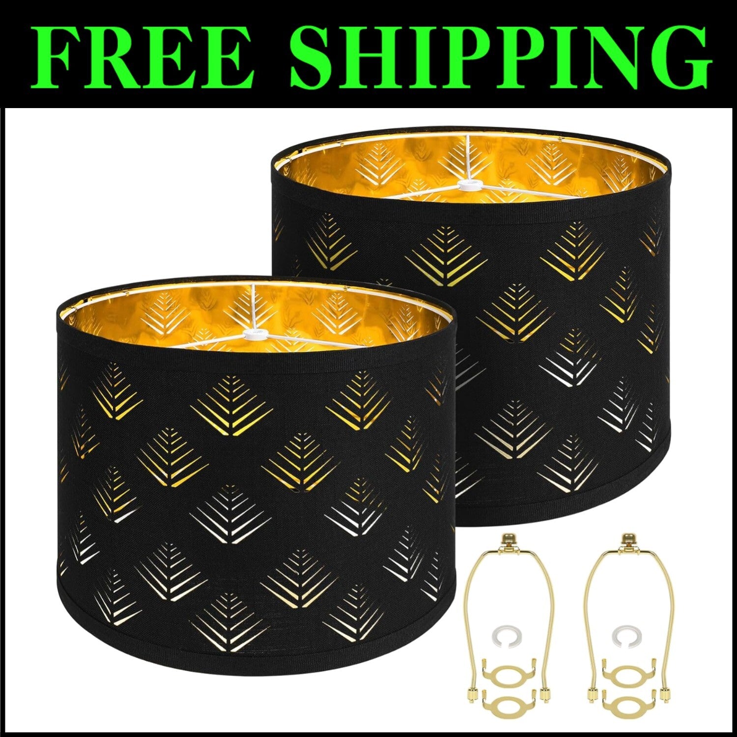 Stylish Black Drum Lampshades with Leaf Pattern - 13"x10" Easy Install Set of 2