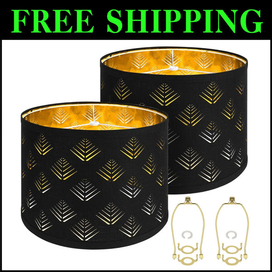 Stylish Black Drum Lampshades with Leaf Pattern - 13"x10" Easy Install Set of 2
