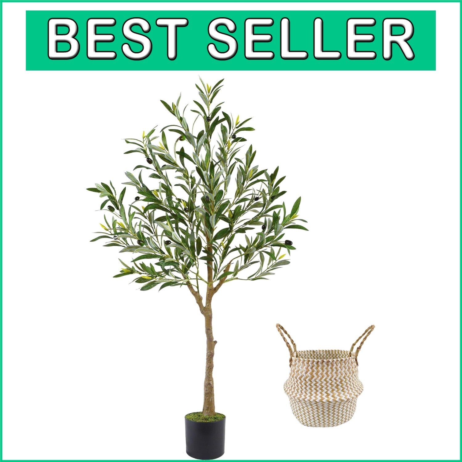4ft Tall Artificial Olive Tree in Seagrass Basket - Perfect Indoor/Outdoor Decor