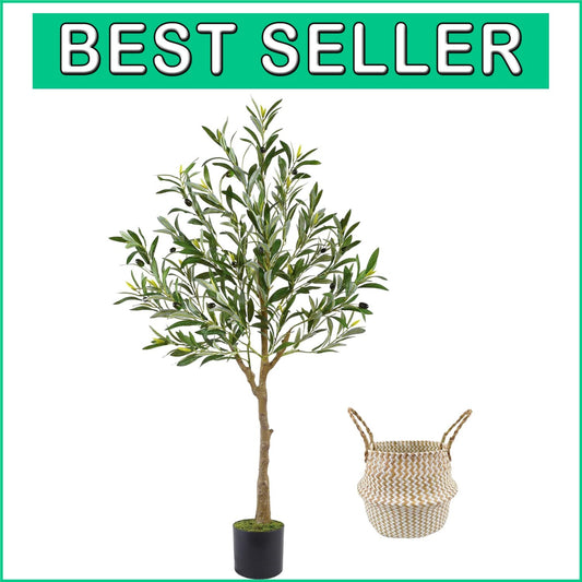 4ft Tall Artificial Olive Tree in Seagrass Basket - Perfect Indoor/Outdoor Decor