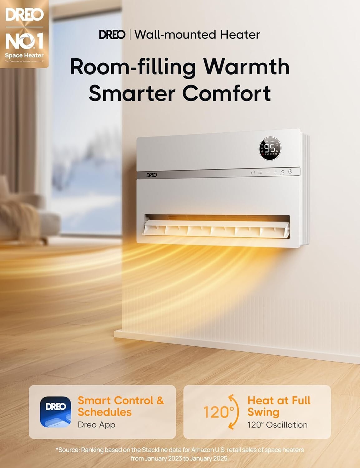 Electric Space Heater for Bedroom - 215 Sq Ft Coverage, Voice Control, 24H Timer