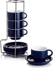 Load image into Gallery viewer, Set of 4 Stackable 4oz Espresso Cups with Saucers &amp; Stand - Navy Comfort