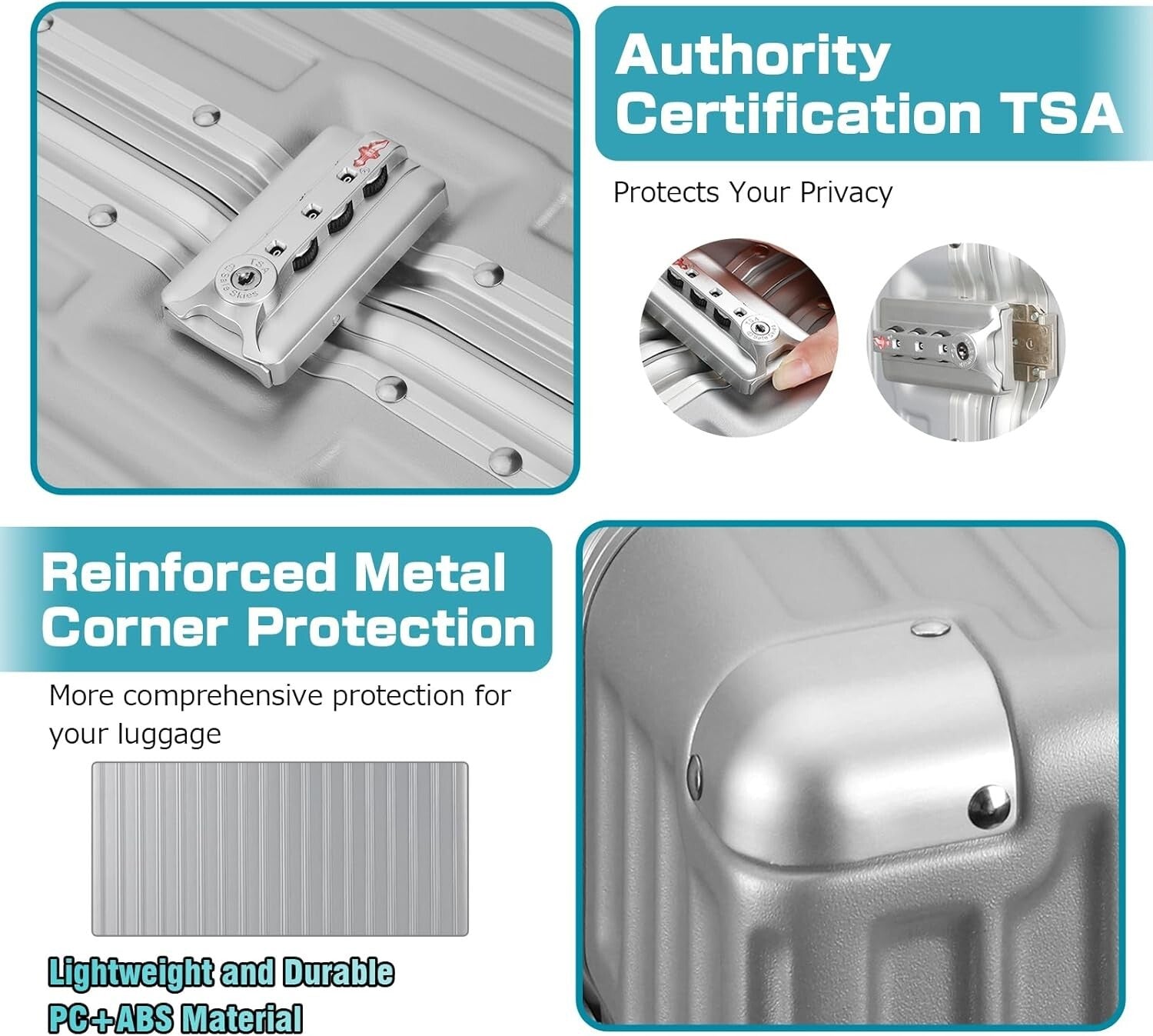 Fashionable Silver 24-In Aluminium Frame Suitcase with TSA Lock & Spinner Wheels