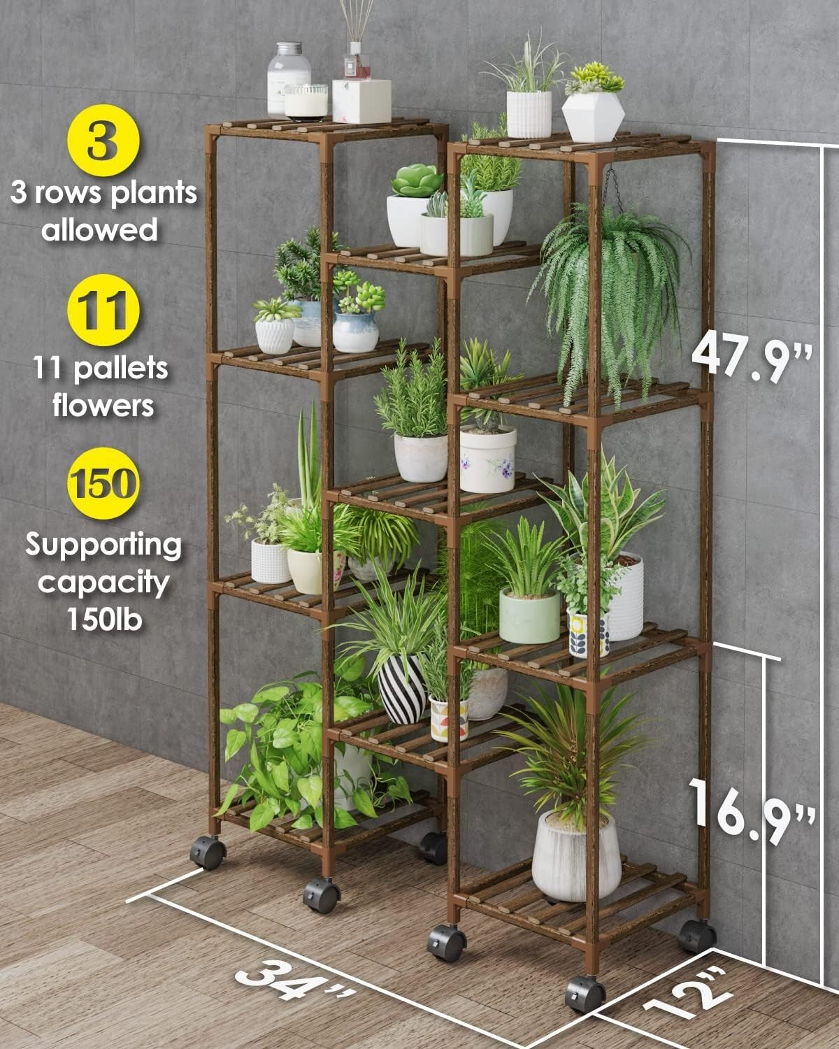 Carbonized Wood Plant Stand with Wheels - Holds 11-25 Pots for Versatile Display