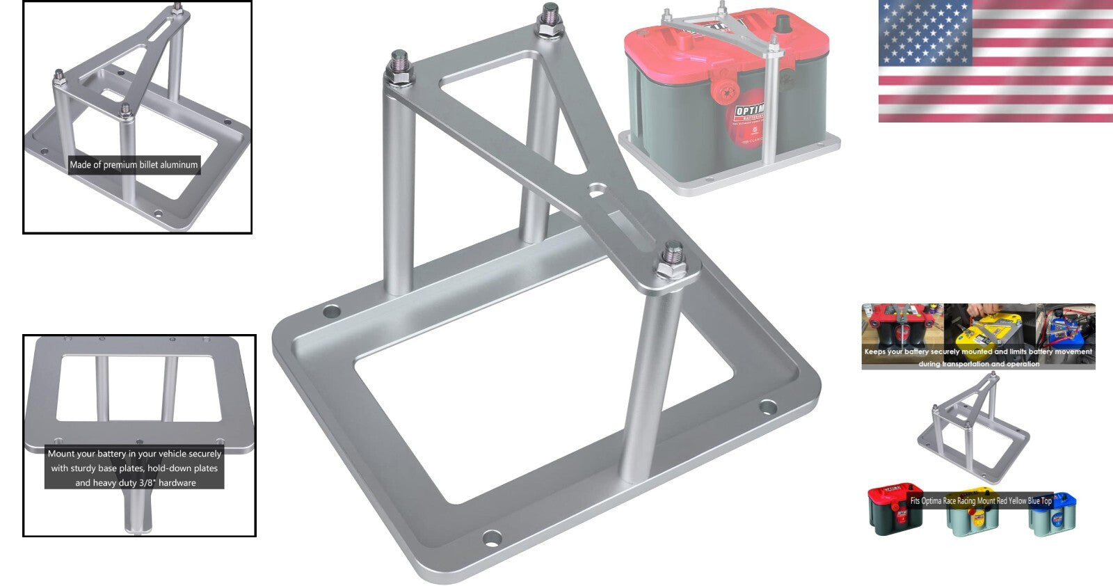 Durable Billet Aluminum Battery Tray and Relocation Kit for Optima Batteries