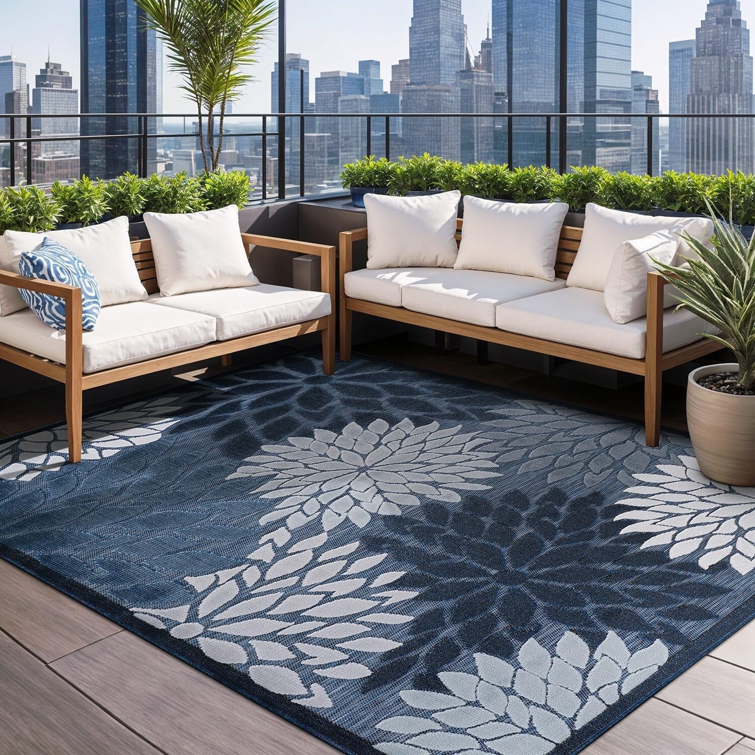 Stain Resistant Navy Blue Floral Area Rug 6x9 for Indoor & Outdoor Elegance