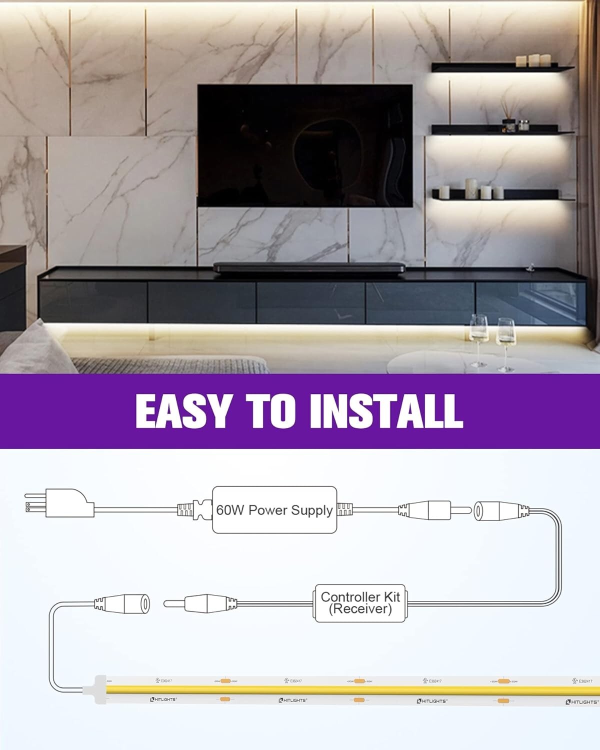 16.4ft Dimmable COB LED Strip Lights Kit with Remote - 4000K Lighting Solution